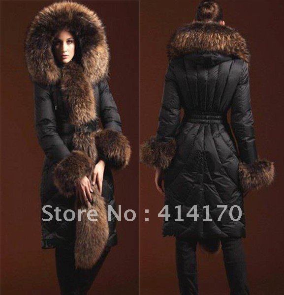 2012 oversized large fur collar raccoon fur thickening down coat luxury womens fur coat free shpping dropship wholesalers