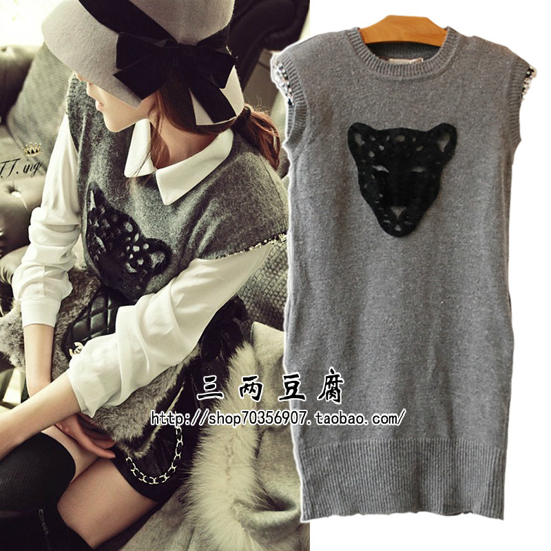 2012 pads vintage rabbit fur woven vest sweater one-piece dress