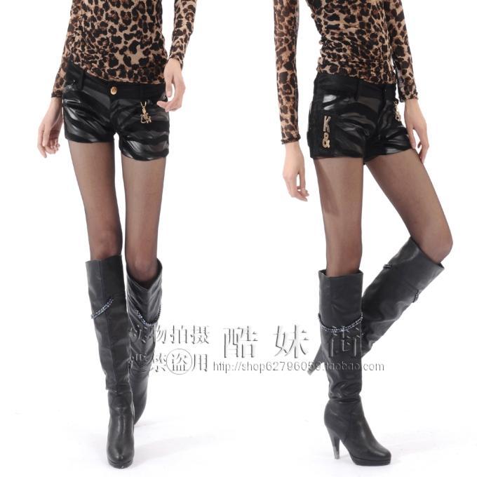 2012 pants PU shorts women's zipper fashion water washed leather short leather pants boot cut jeans shorts