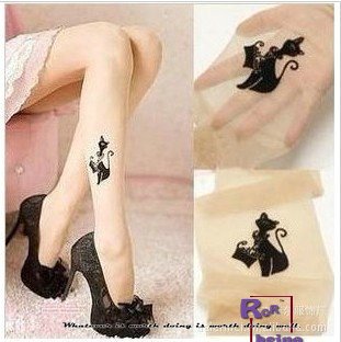 2012 Pantyhose Women with Cat Tattoo,Cheap Tight Silk Stockings,Skin/Black.6pairs/lot,free shipping
