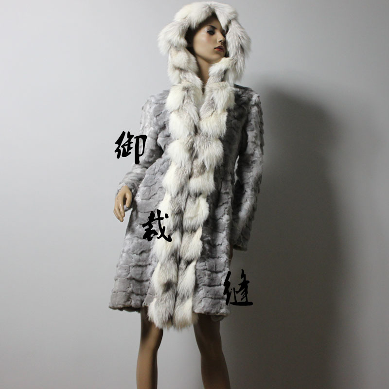 2012 platier fox fur border hooded fight mink long design outerwear mink fur overcoat t102