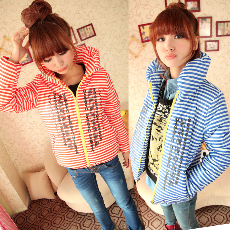 2012 plus size casual stripe short design zipper turtleneck thickening thermal outerwear wadded jacket cotton-padded jacket