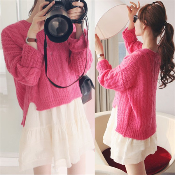 2012 plus size clothing low-high pink loose sweater shirt free shipping