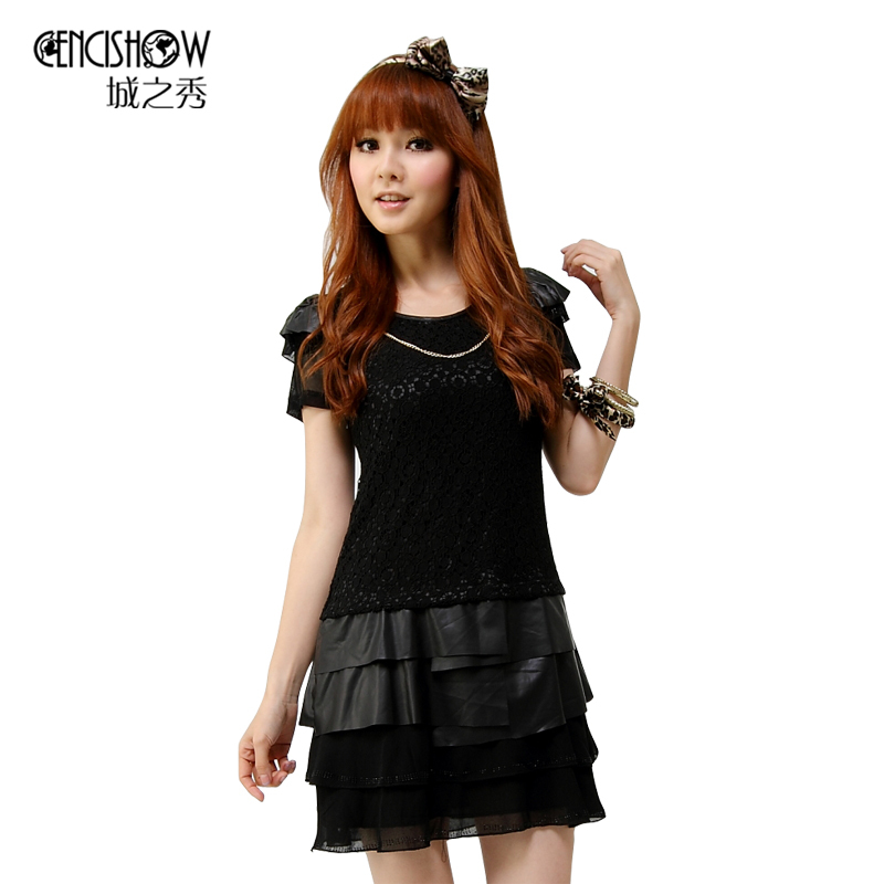 2012 plus size leather patchwork lace sexy slim o-neck short-sleeve dress