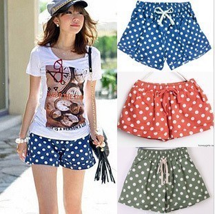 2012 polka dot drawstring roll up hem candy color elastic waist denim cotton shorts dot shorts