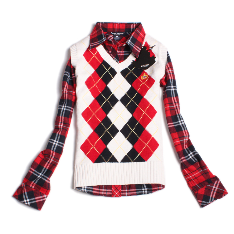 2012 preppy style Women 100% V-neck cotton sweater vest collocations shirt