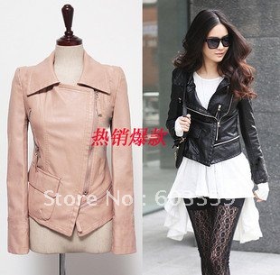 2012 PROMOTION&RETAIL ladies Zipper skinny PU leather Jacket,Motorcycle Jacket,causal outwear&coat,Asian:M-XL,Black&Pink,#1190