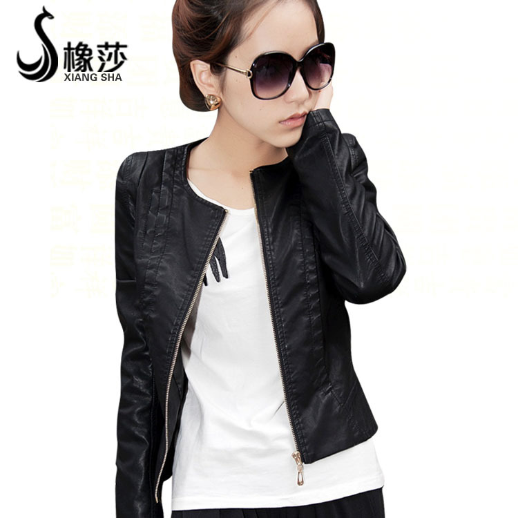 2012 PU outerwear jacket o-neck water wash short design slim plus size women's leather clothing free shipping