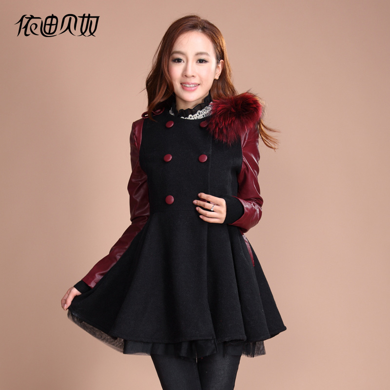 2012 PU patchwork wool long slim design double breasted trench women's
