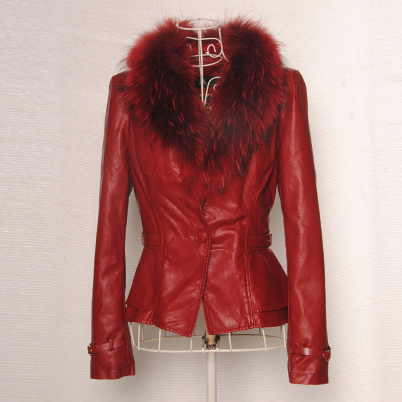 2012 PU slim outerwear short design leather wadded jacket raccoon fur leather clothing female 12-b25