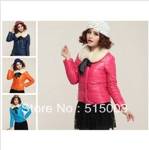 2012 PU small fresh sweet the disassemblability fur collar bow bandage wadded jacket short design female