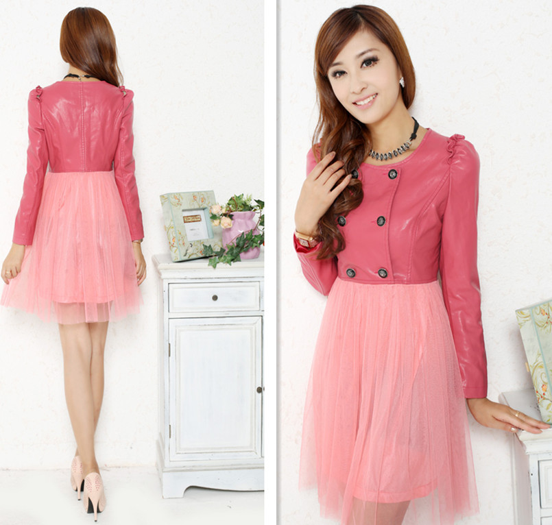 2012 PU top lace patchwork pullover one-piece dress leather clothing long-sleeve k58p150 paragraph