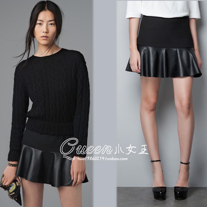 2012 PU za patchwork stromatolith mini high waist skirt bust skirt leather skirt