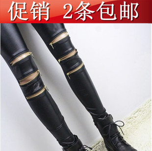 2012 punk jack purcell hole knee unilateral 3 zipper faux leather legging lengthen plus size