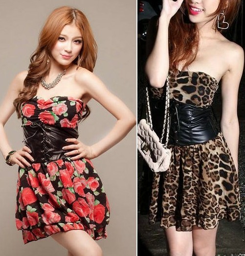 2012 punk sweet chiffon print leather strap cummerbund tube top dress tube top dress