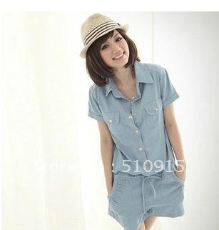 2012 q: women's new HanGuoChun color cowboy blue collar buttons conjoined twins shorts/even wear female