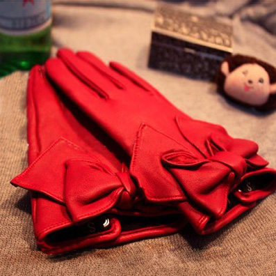 2012 quality thermal suede bow red black genuine leather gloves