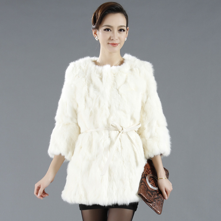 2012 rabbit fur coat slim medium-long o-neck three quarter sleeve women's