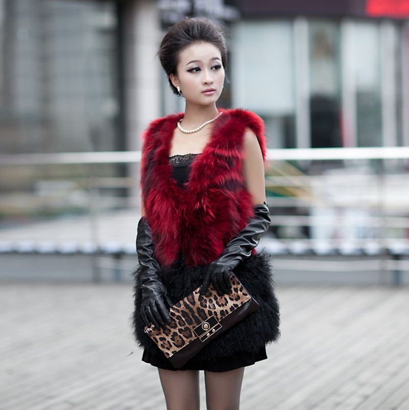 2012 raccoon fur full leather long design fur vest beach wool