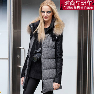 2012 raccoon fur patchwork leather wadded jacket women's medium-long winter outerwear female thickening