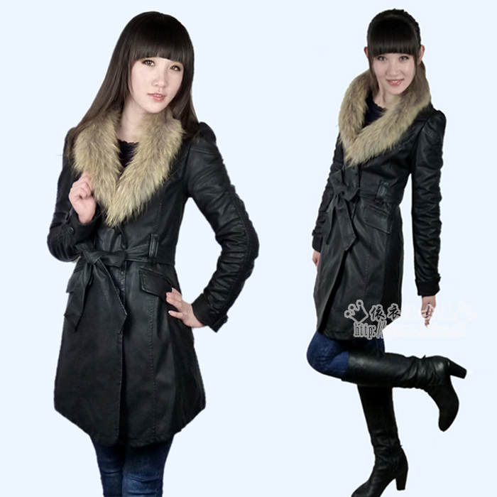 2012 raccoon fur PU long-sleeve trench medium-long water washed leather thickening plus cotton leather clothing female