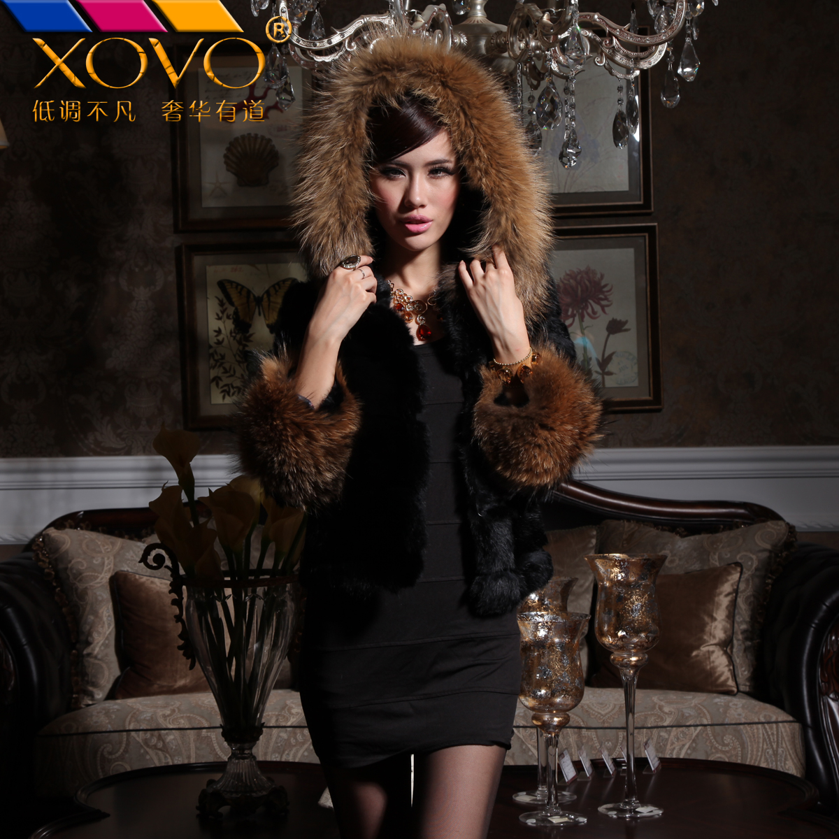 2012 raccoon fur tie cap full leather rex rabbit hair fur coat women short design