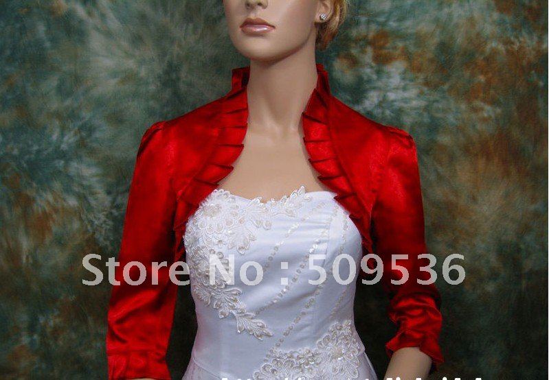 2012  Red 3/4 sleeve satin wedding bolero jacket shrug    Size:Small,Medium,Large,X-Large
