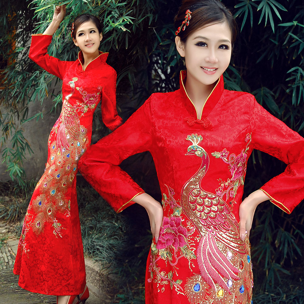 2012 red bride long-sleeve marriage wedding banquet cheongsam formal dress winter long design bridal wear 2096