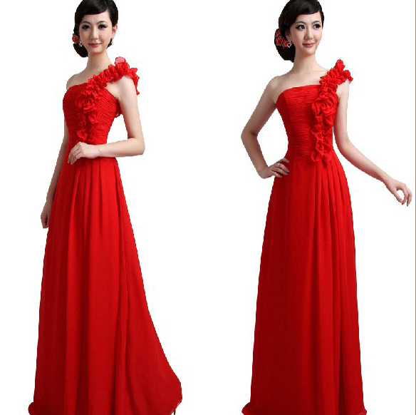 2012 red one shoulder chiffon bride married toast formal dress bridesmaid dress long design formal dress