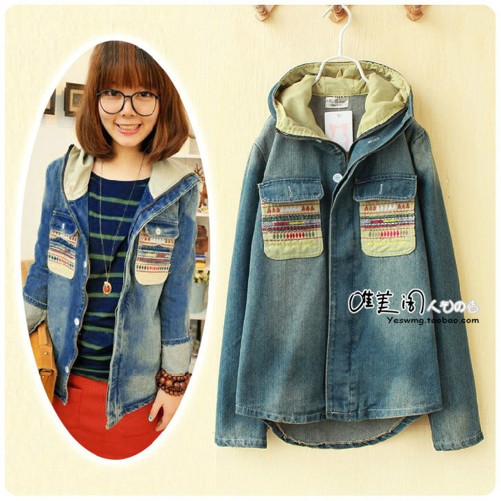 2012 retro finishing national trend embroidery casual street with a hood long design denim outerwear female