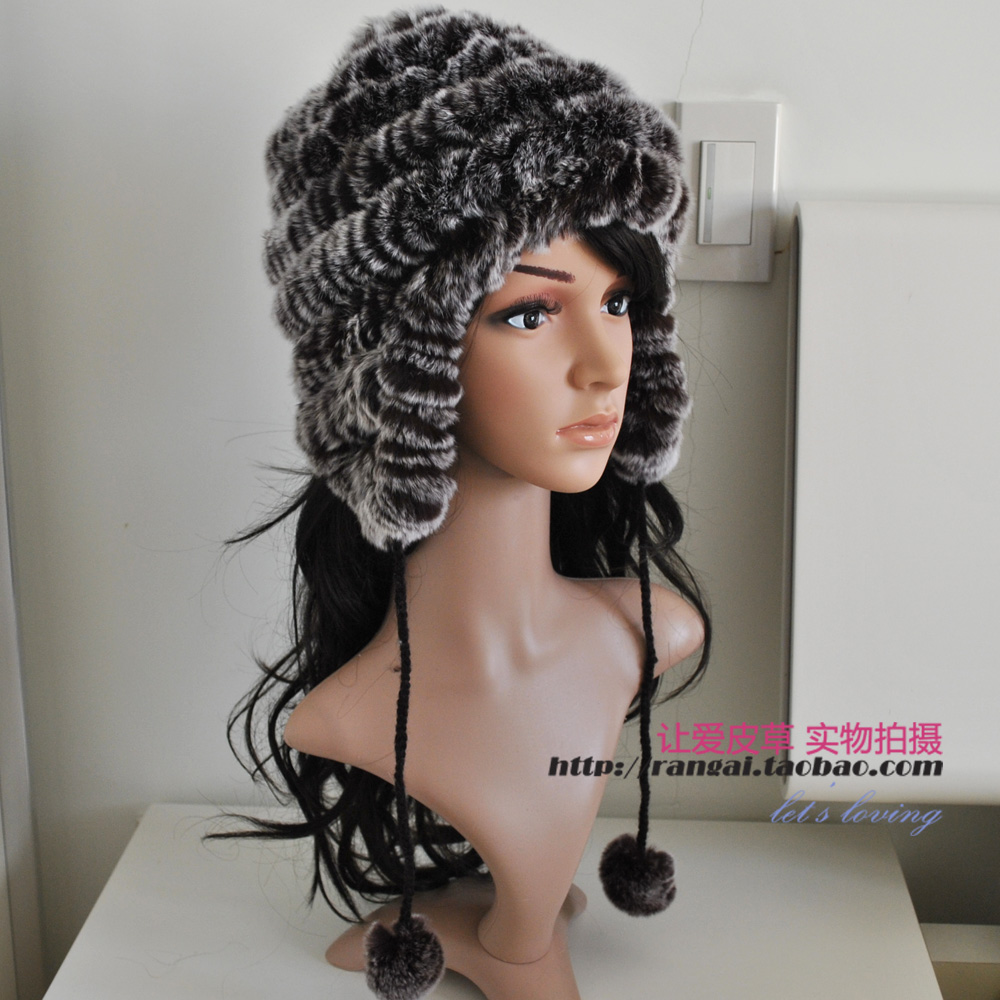 2012 rex rabbit hair fur hat female yarn sphere thermal ear solid color hat
