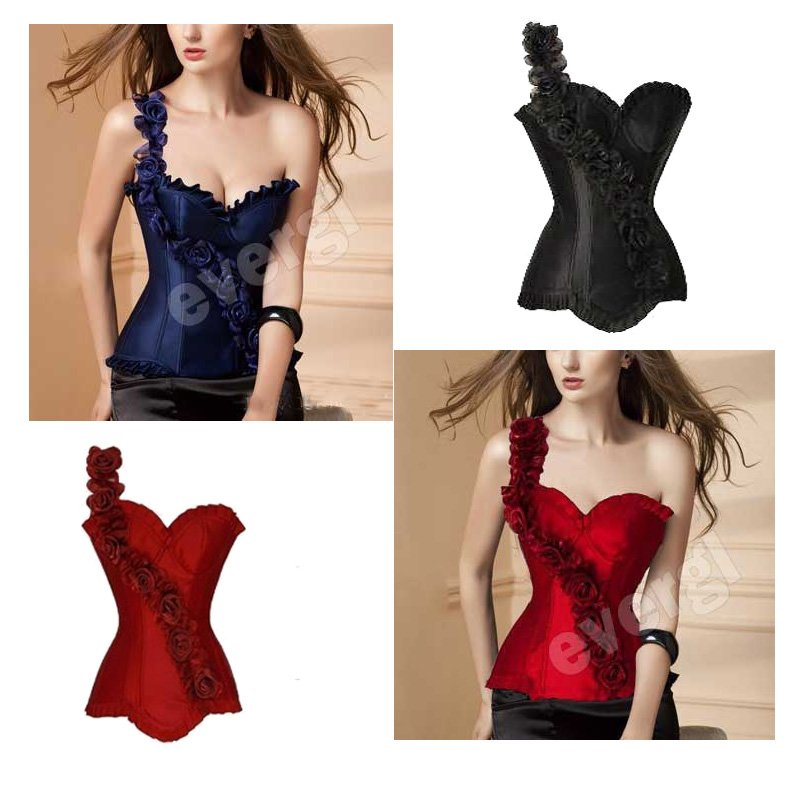 2012 Rose Luxury style Floral One Shoulder Boned Lace Up Corset Bustier Top #