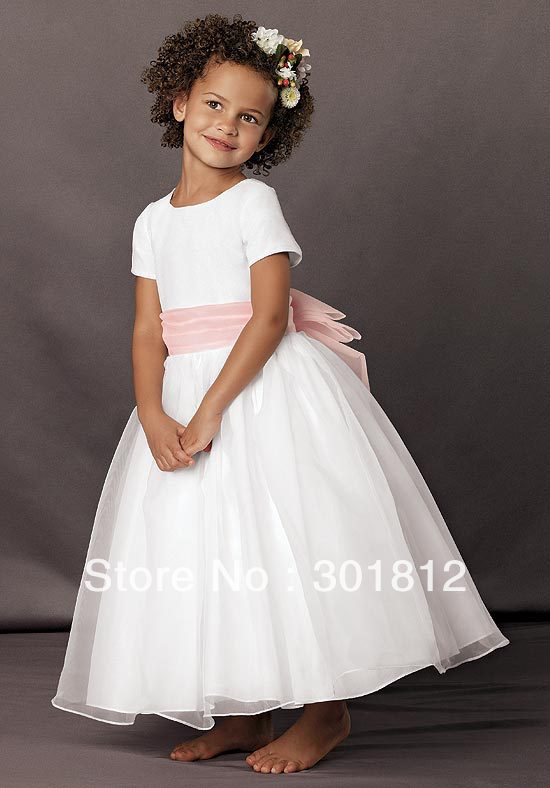 2012 Sassy Short Sleeves Scoop Neckline Organza Tea Lengtgh Flower Girl Dress (FGD-079)