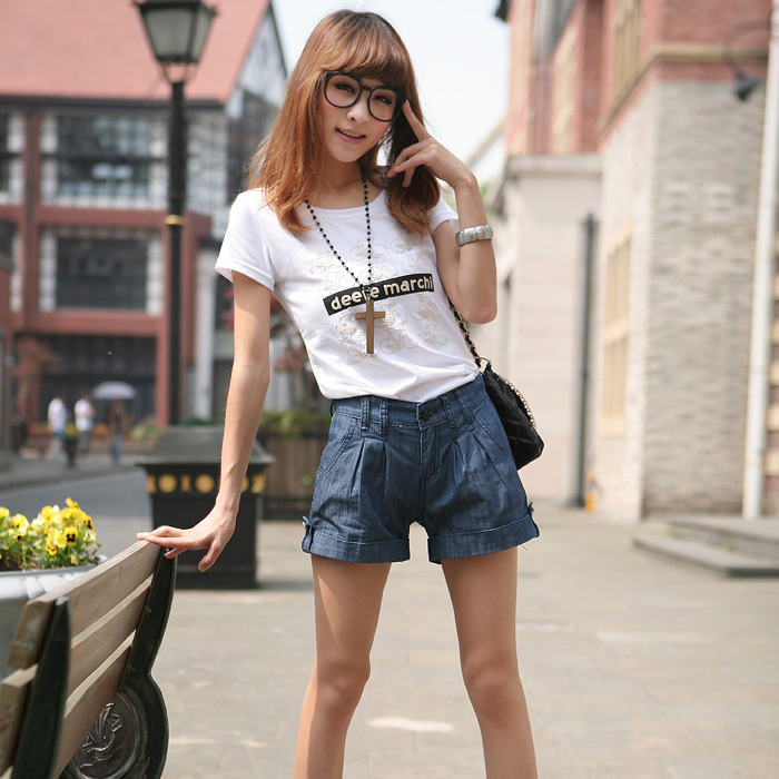 2012 SEMIR women's denim shorts female loose light color roll-up hem vintage shorts