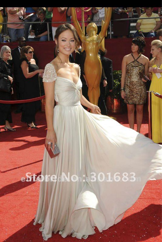 2012 Sexy Beaded Cap Sleeves Chiffon Long Red Carpet Oscars Celebrity Evening Dress