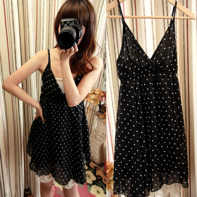 2012 sexy deep v neck low-cut leather knitted spaghetti strap lace decoration of love 8610 chiffon one-piece dress
