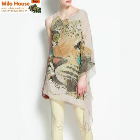 2012 sexy elegant beautiful high quality Leopard head print one shoulder irregular sweep design chiffon shirt blouse