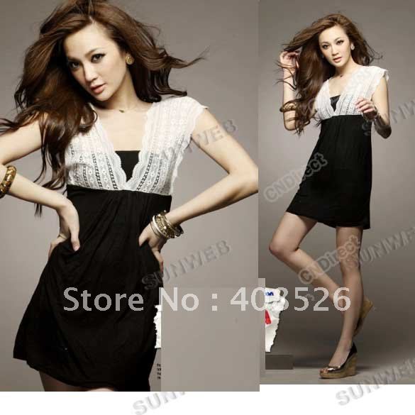 2012 sexy fashion Women's New Deep V Lace Dress Stitching Soft Cotton free shipping 4162