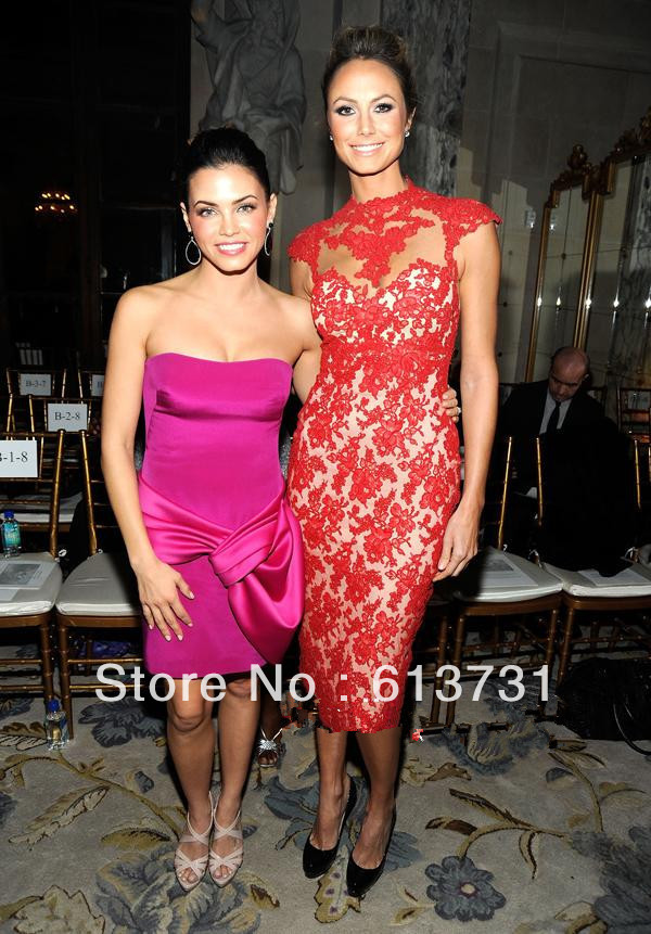 2012 Sexy Nude Stacy Keibler Cap Sleeve High Neck Knee Length Red Lace Short Prom Dresses Celebrity Evening Dresses