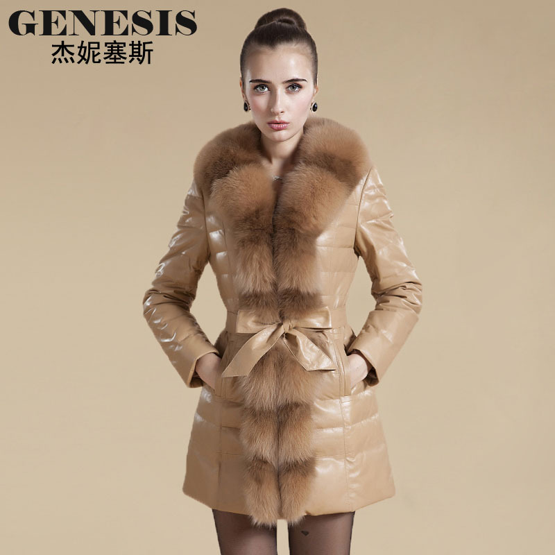 2012 sheep genuine leather fox large fur collar women's medium-long slim leather down coat overcoat outerwear