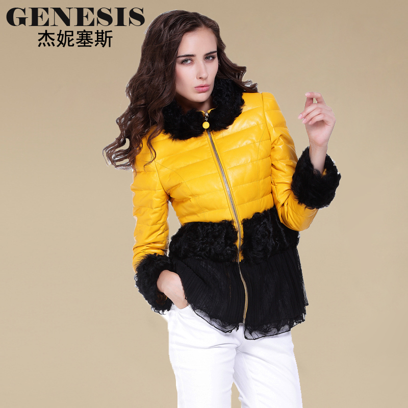 2012 sheep genuine leather wool chiffon sweep women's design slim short down coat leather outerwear
