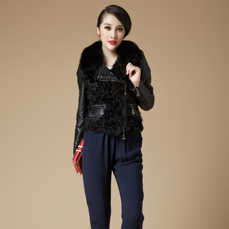 2012 sheepskin fox fur berber fleece patchwork slim genuine leather clothing women's outerwear