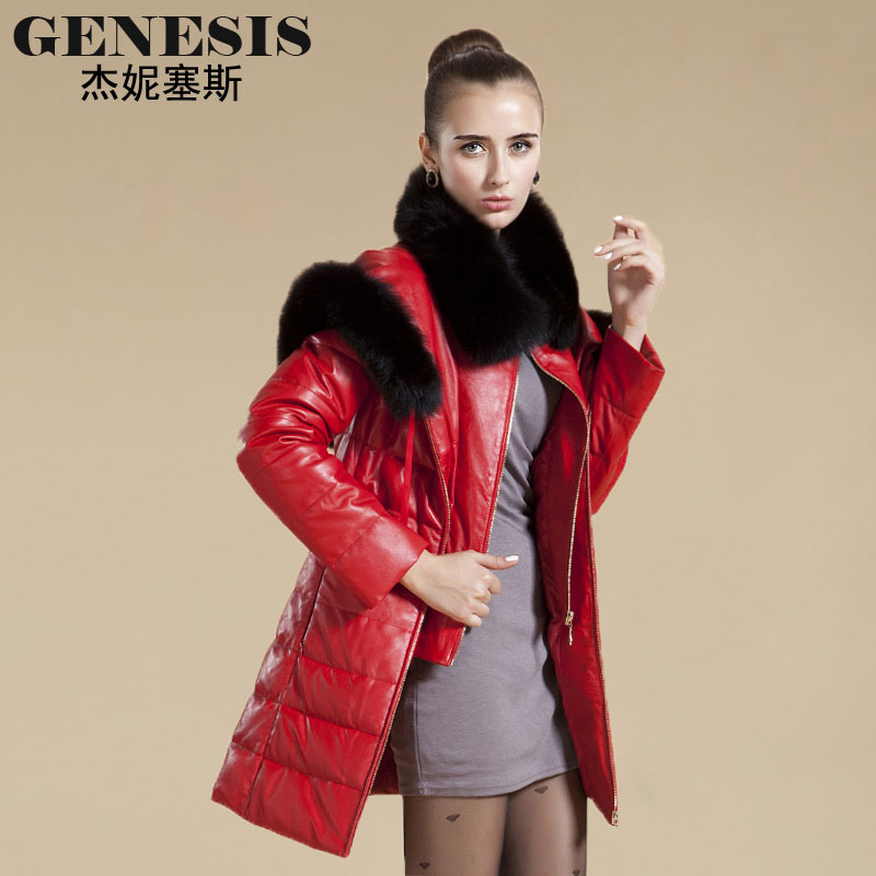 2012 sheepskin genuine leather fox fur women's medium-long leather down coat overcoat outerwear