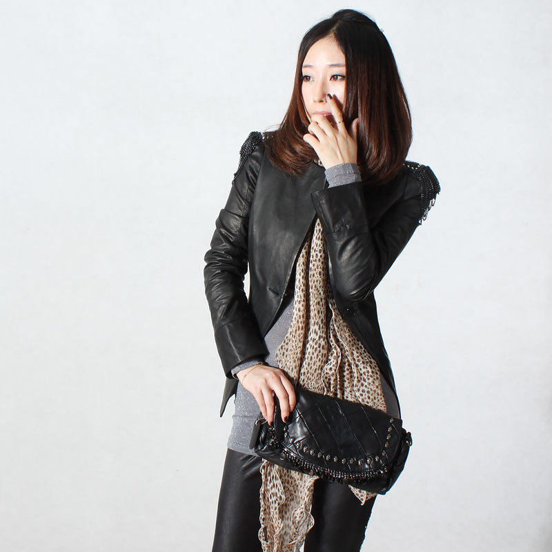 2012 sheepskin leather clothing fashion british style o-neck epaulette Women genuine leather clothing