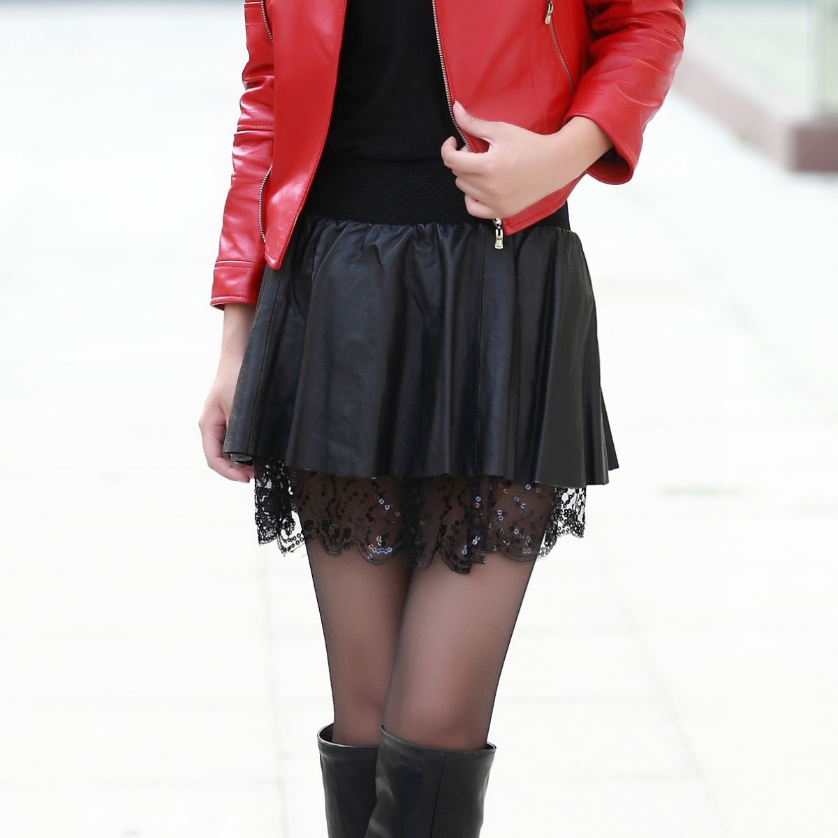 2012 sheepskin ruffle short skirt lace decoration bust skirt genuine leather skirt -BXTX