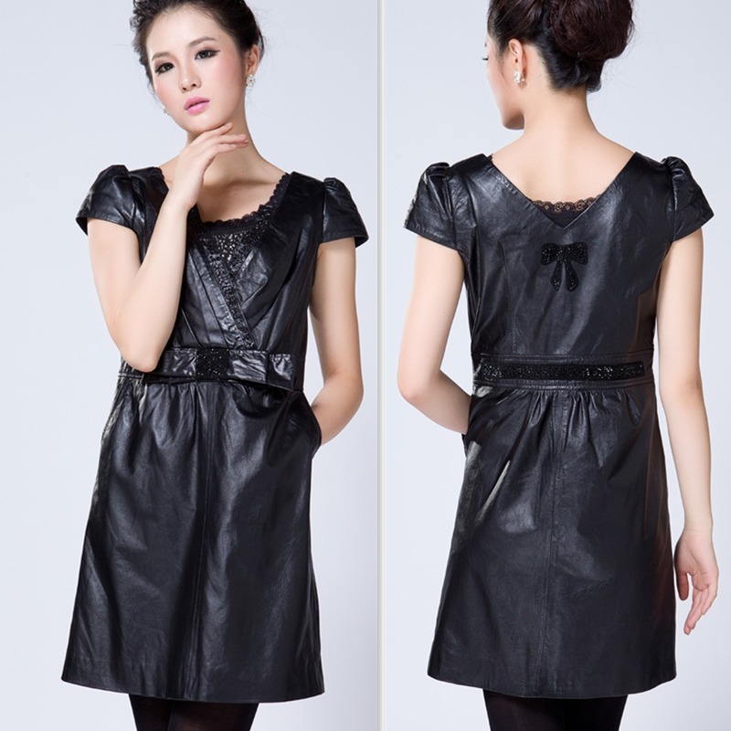 2012 sheepskin tank dress leather clothing one-piece dress bow sleeveless leather skirt