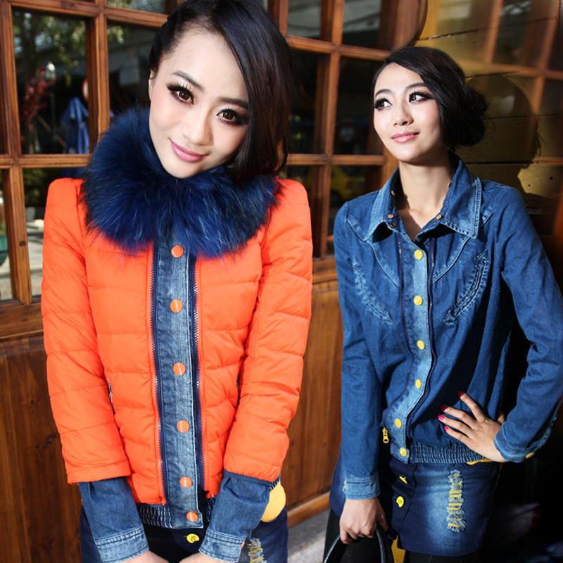 2012 short design denim twinset multicolour raccoon fur Women down coat down coat
