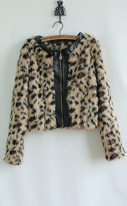 2012 short design leather patchwork leopard print outerwear long-sleeve plush top cool sexy