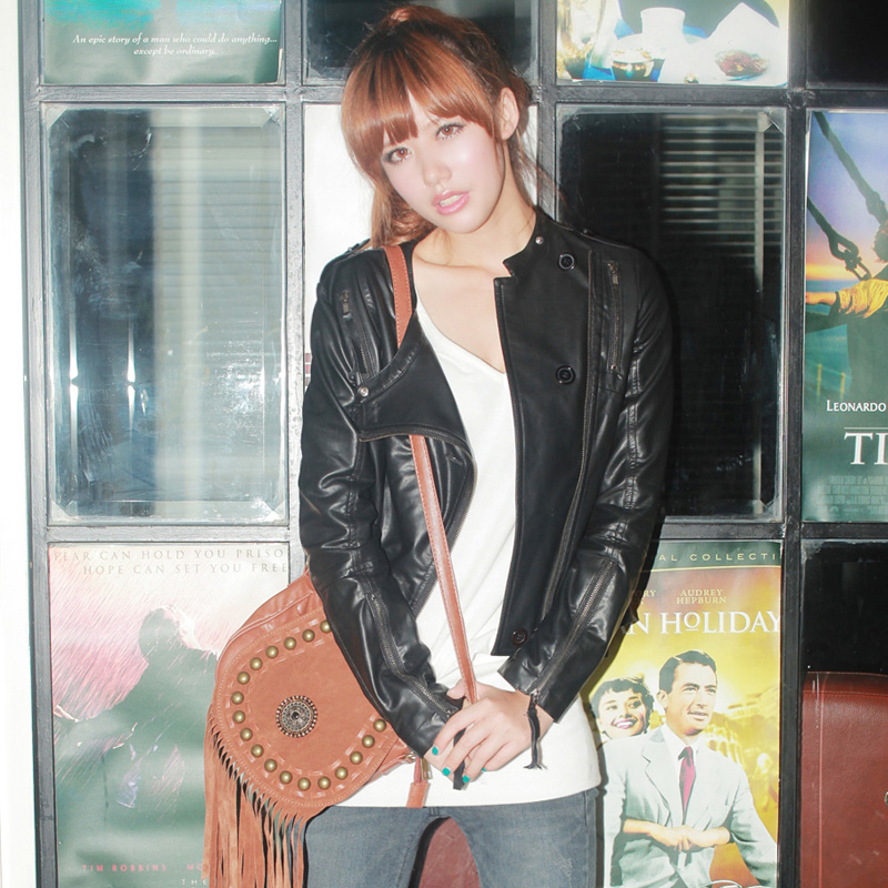 2012 short design motorcycle leather clothing outerwear slim zipper small leather clothing 6887