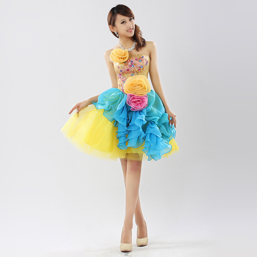 2012 short wedding dress Bud silk sequins flower rhinestone bridesmaid dress princess skirt Bright color splicing